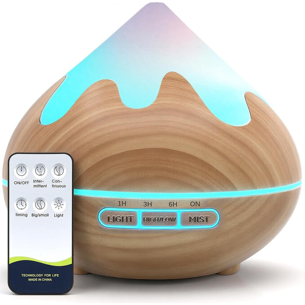 GLOXA Essential Oil Diffuser 500ML brown wood grain front view for aromatherapy.