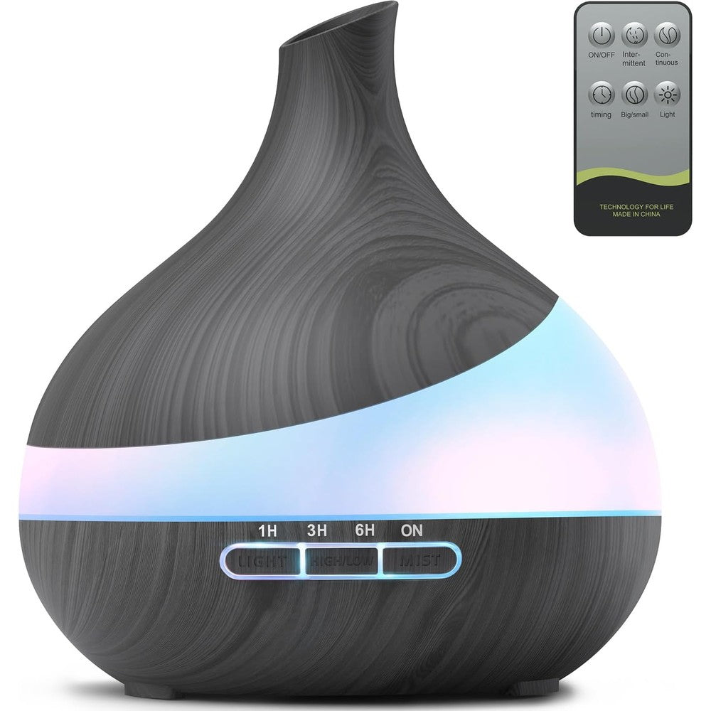 HJTHJT 500ml Essential Oil Diffuser front view with dark wood grain finish.
