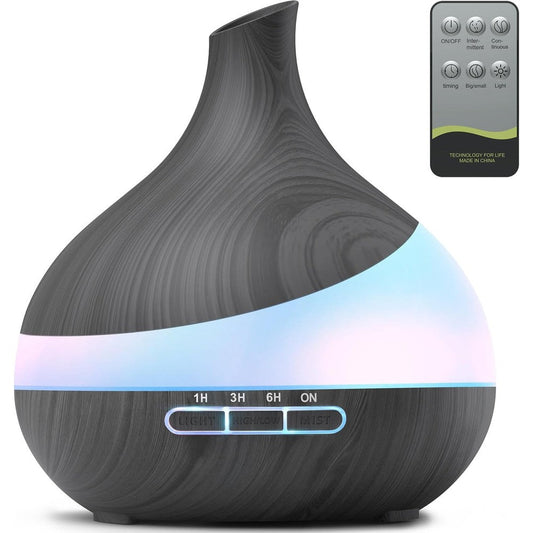 HJTHJT 500ml Essential Oil Diffuser front view with dark wood grain finish.