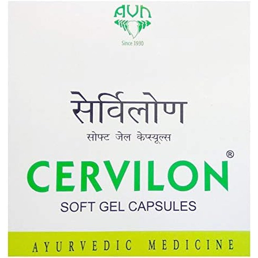 AVN Cervilon Ayurvedic Soft Gel Capsules front packaging for neck pain relief.