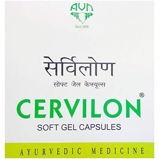 AVN Cervilon Ayurvedic Soft Gel Capsules front packaging for neck pain relief.