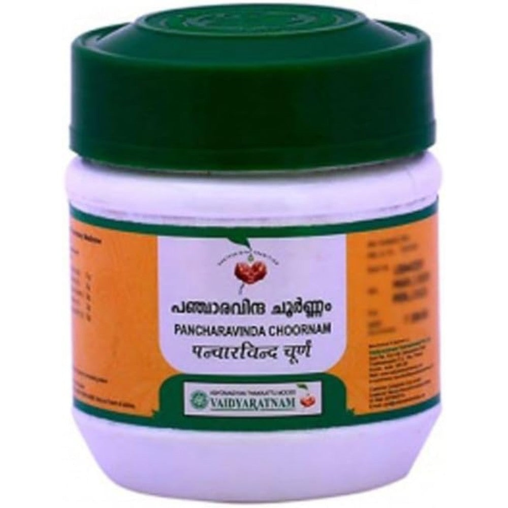 Vaidyaratnam Pancharavinda Choornam 50 Gram bottle front view for Ayurvedic mental health.
