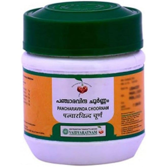Vaidyaratnam Pancharavinda Choornam 50 Gram bottle front view for Ayurvedic mental health.