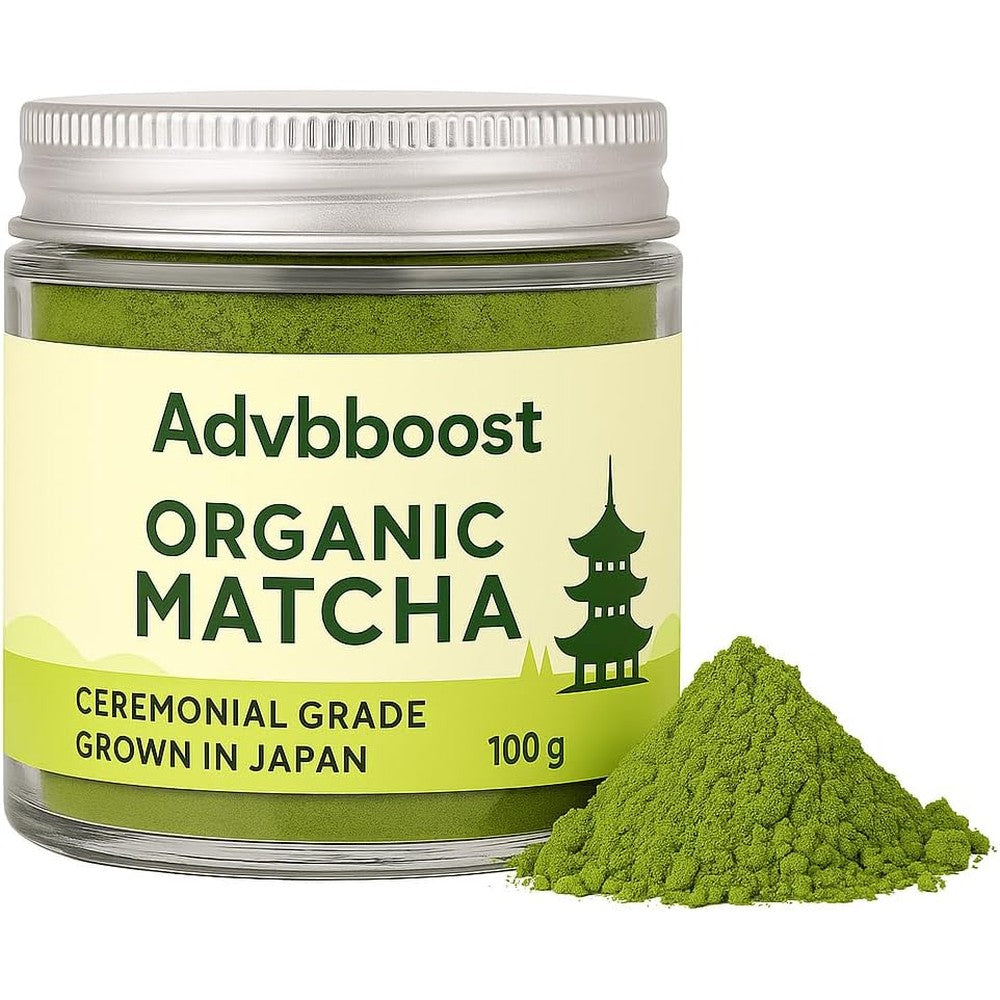 Advbboost Organic Matcha Powder 100g jar front view premium ceremonial grade green tea