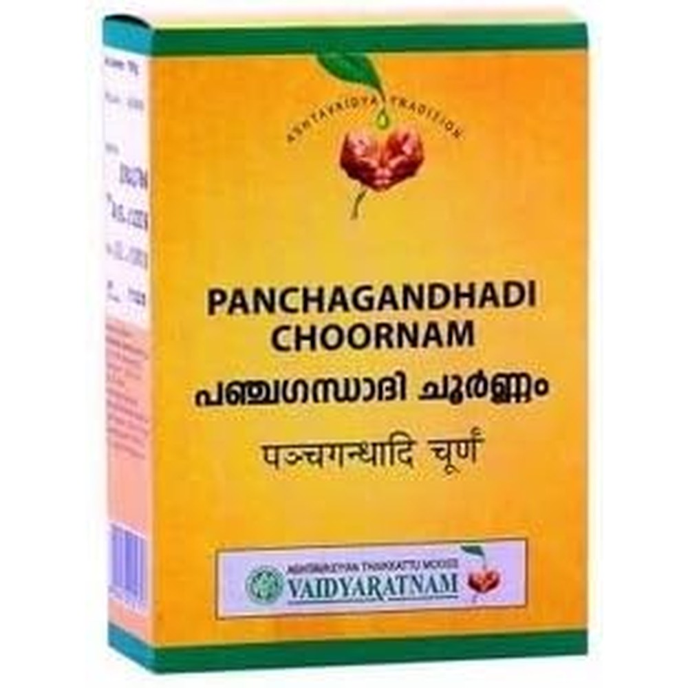 Vaidyaratnam Panchagandha Choornam 100 gram container front view for Ayurvedic sleep support.
