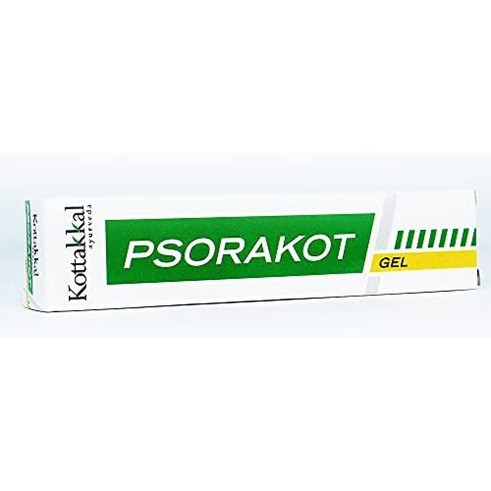 Kottakkal Arya Vaidya Sala Psorakot Gel 25g tube for psoriasis and eczema relief.