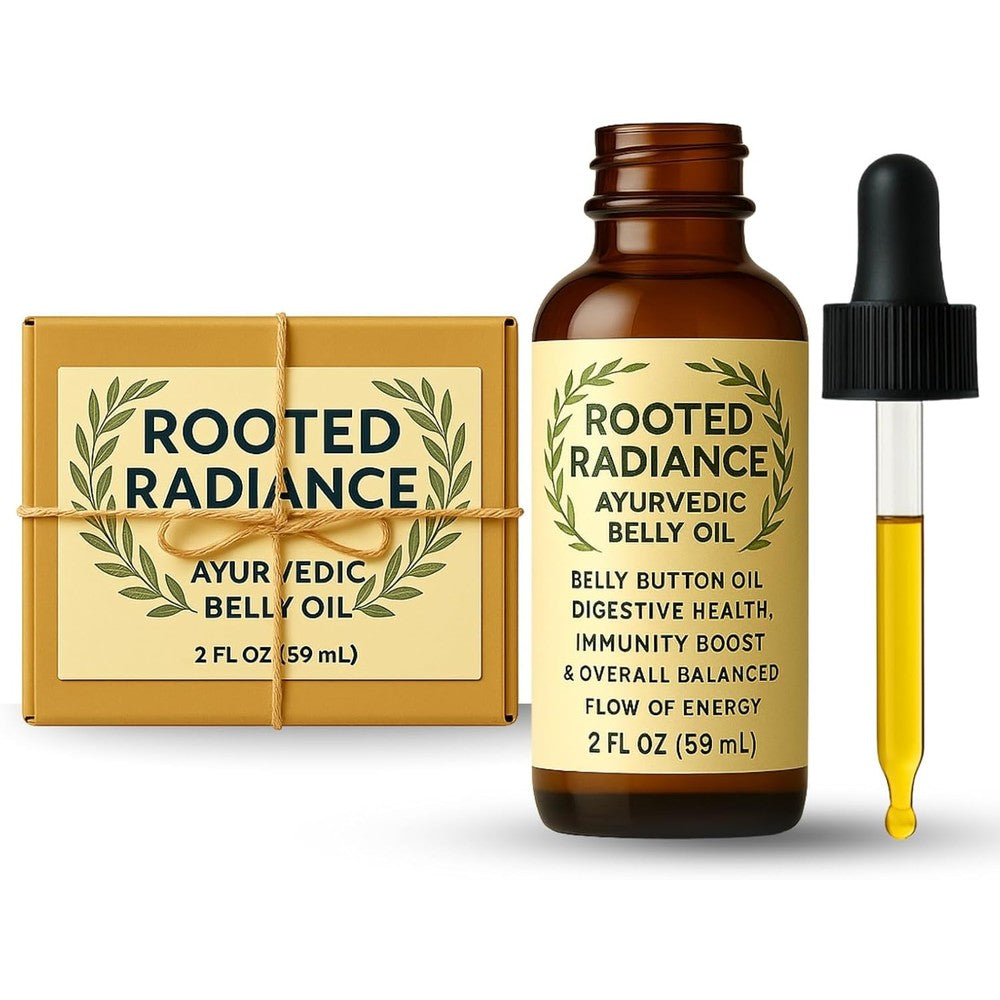 Rooted Radiance Ayurvedic Belly Button Oil front view of 2 ounce amber bottle for Nabhi therapy