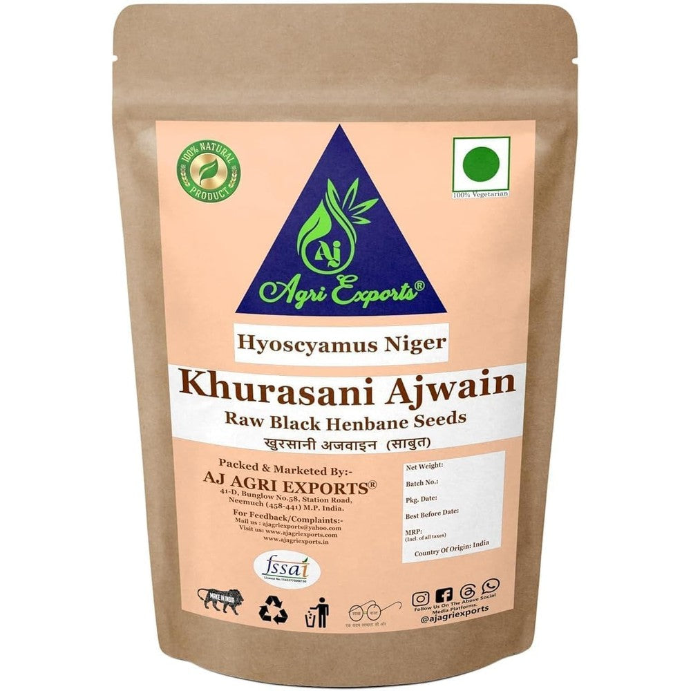 Generic Khurasani Ajwain 100g front view of raw black henbane seeds.
