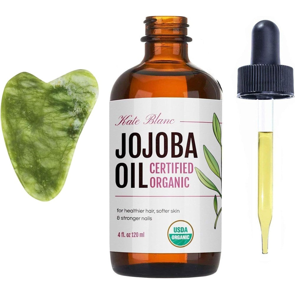 Kate Blanc Cosmetics Jojoba Oil and Gua Sha Kit front view for organic skincare.