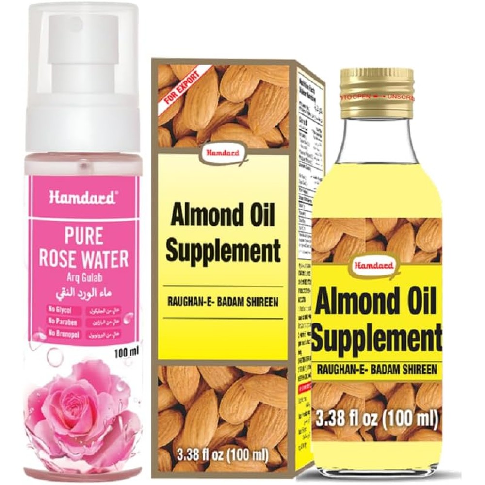 Hamdard Raughan-E-Badam Shireen and Rose Water combo front view for natural skincare.