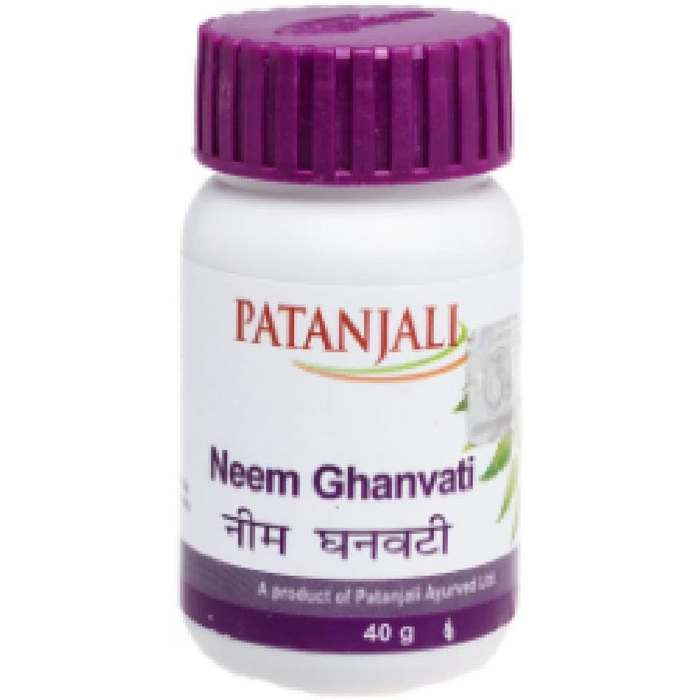 Patanjali Divya Neem Ghan Vati 40 grams pack of 2 tablets front view for herbal skin care.