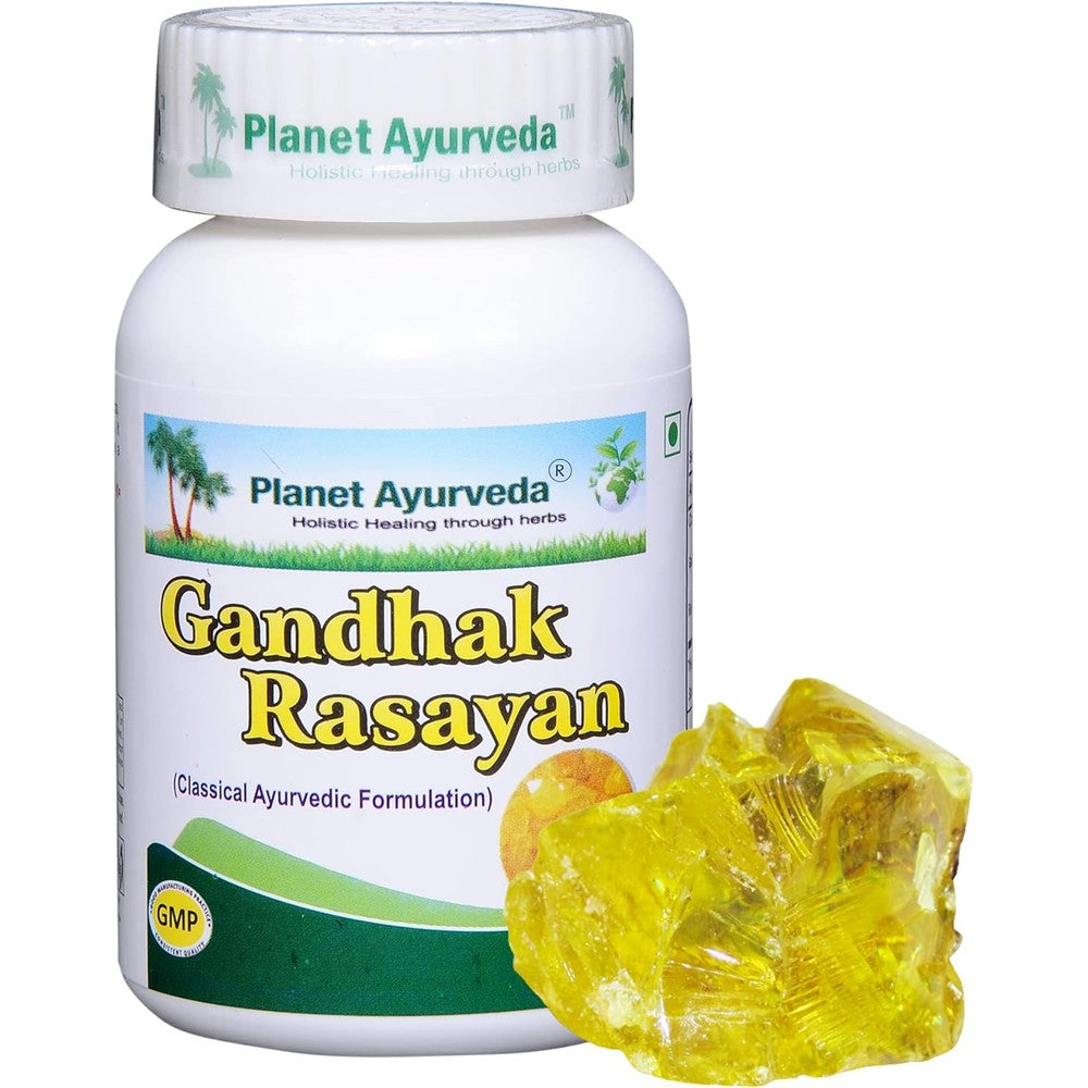 Planet Ayurveda Gandhak Rasayan 120 tablets bottle front view for skin health.