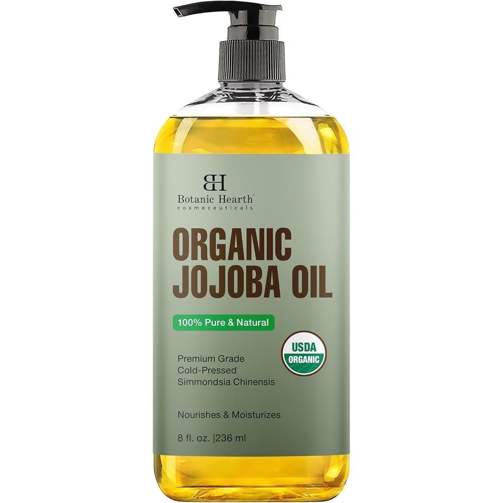 Botanic Hearth USDA Organic Jojoba Oil front view 8 fluid ounce bottle with pump dispenser.