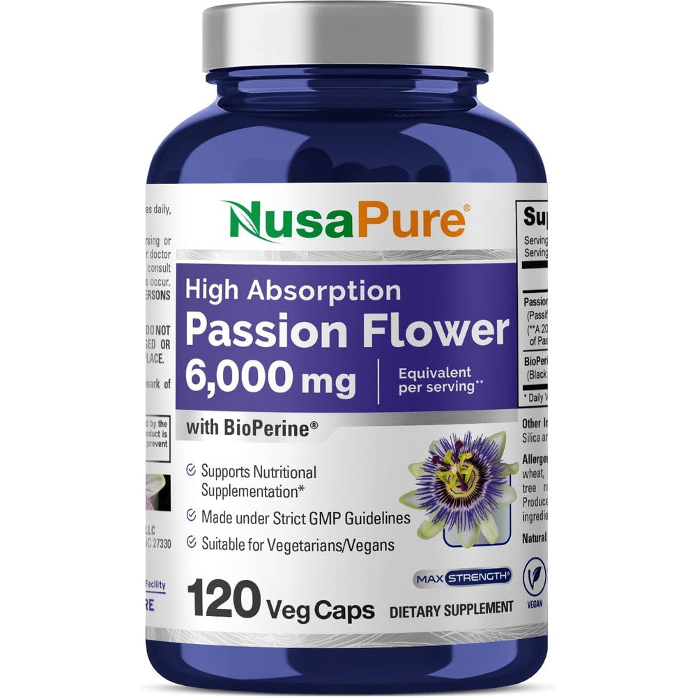 NusaPure Passion Flower 300mg 120 Veggie Capsules front bottle view for stress relief.
