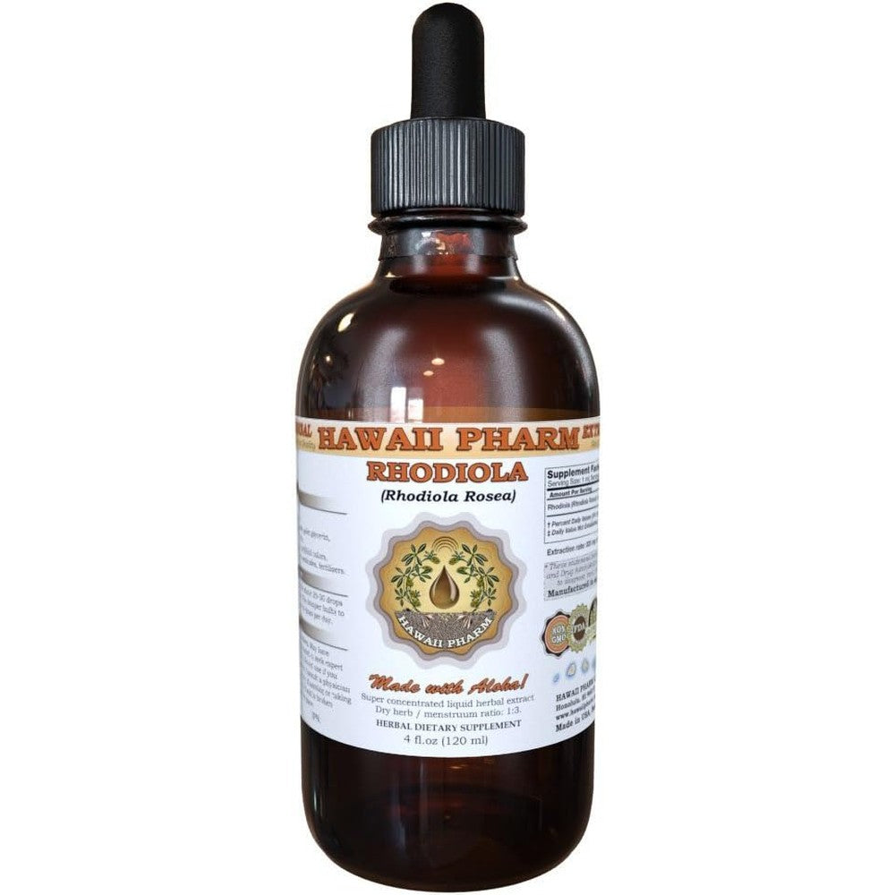 Hawaii Pharm Rhodiola Liquid Extract front view of 4 ounce bottle for stress relief.