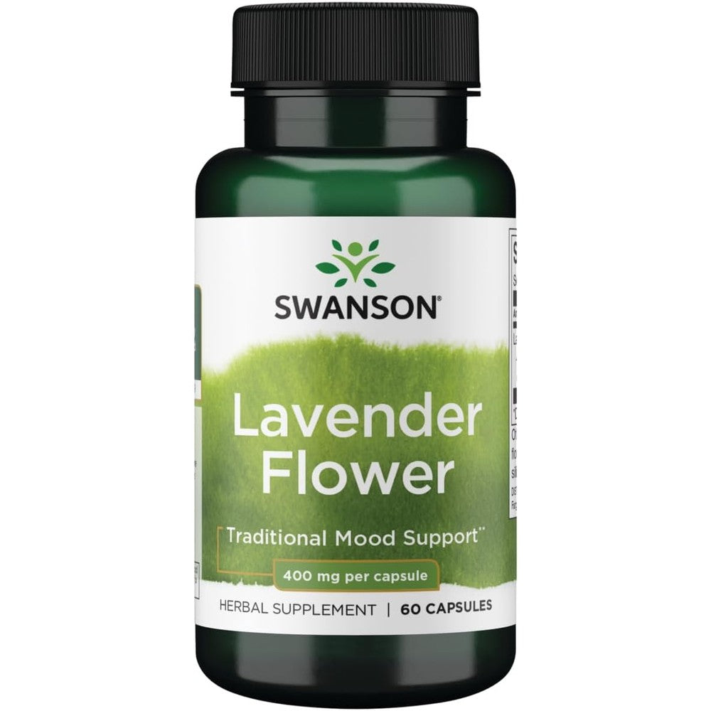 Swanson Lavender Flower 400mg 60 capsules front view herbal relaxation supplement.