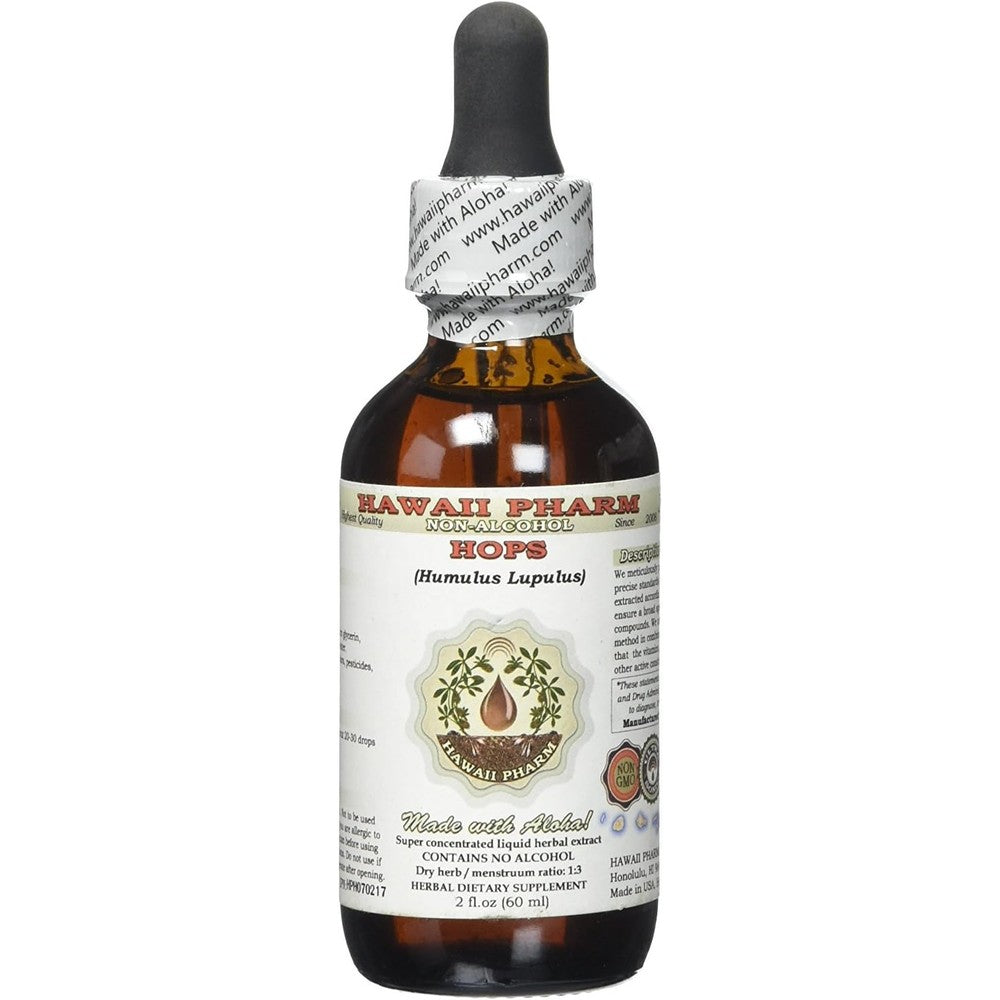 Hawaii Pharm Hops Alcohol Free Liquid Extract front view 2 ounce bottle.