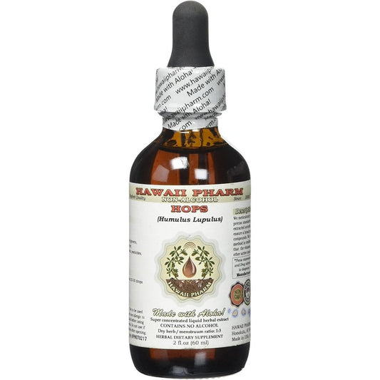 Hawaii Pharm Hops Alcohol Free Liquid Extract front view 2 ounce bottle.