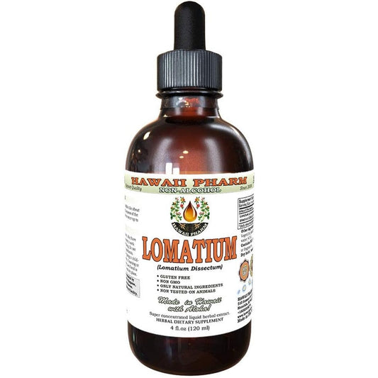 Hawaii Pharm Lomatium Alcohol Free Liquid Extract 4 Ounce bottle front view showing herbal supplement label.