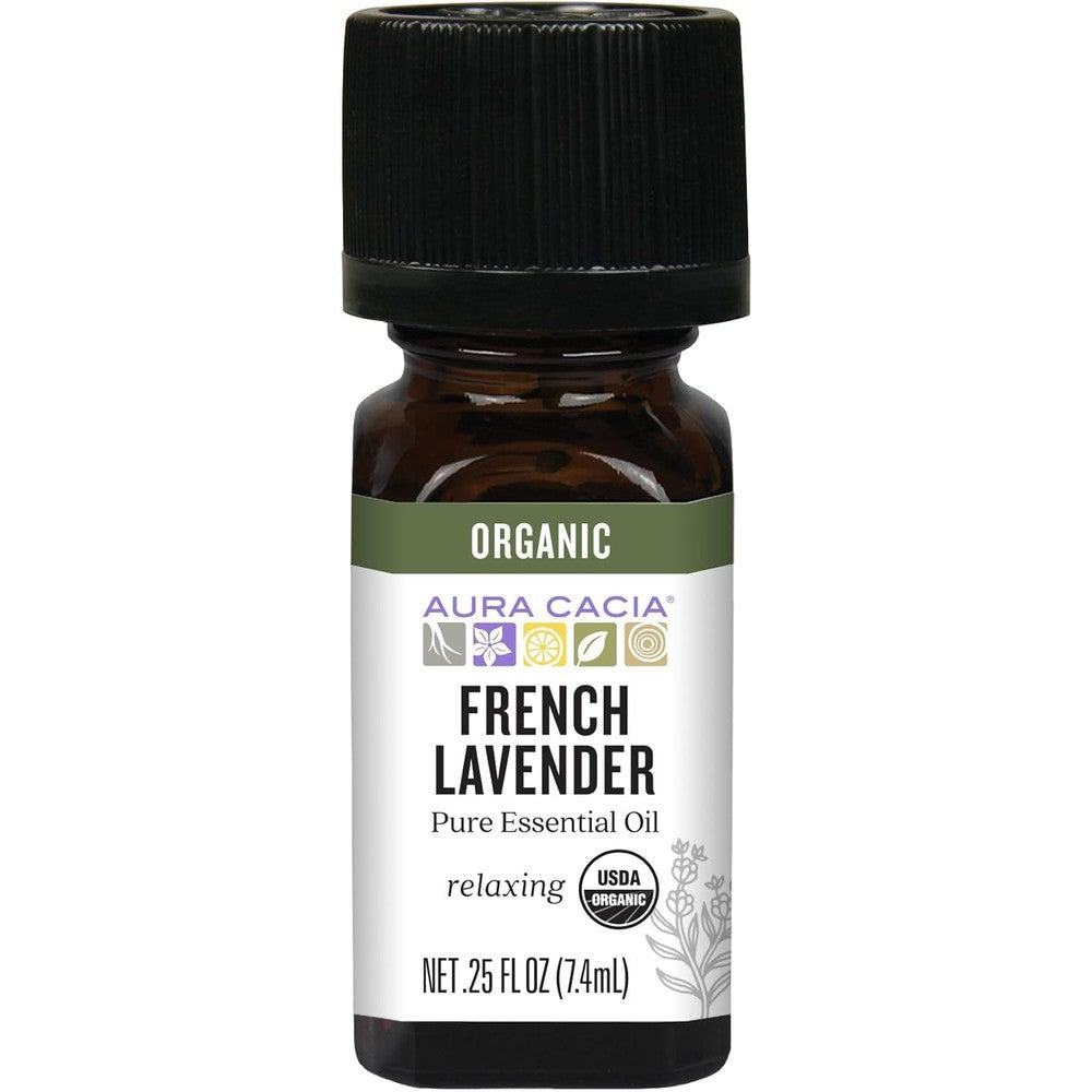 Aura Cacia Organic French Lavender Essential Oil bottle front view authentic aromatherapy