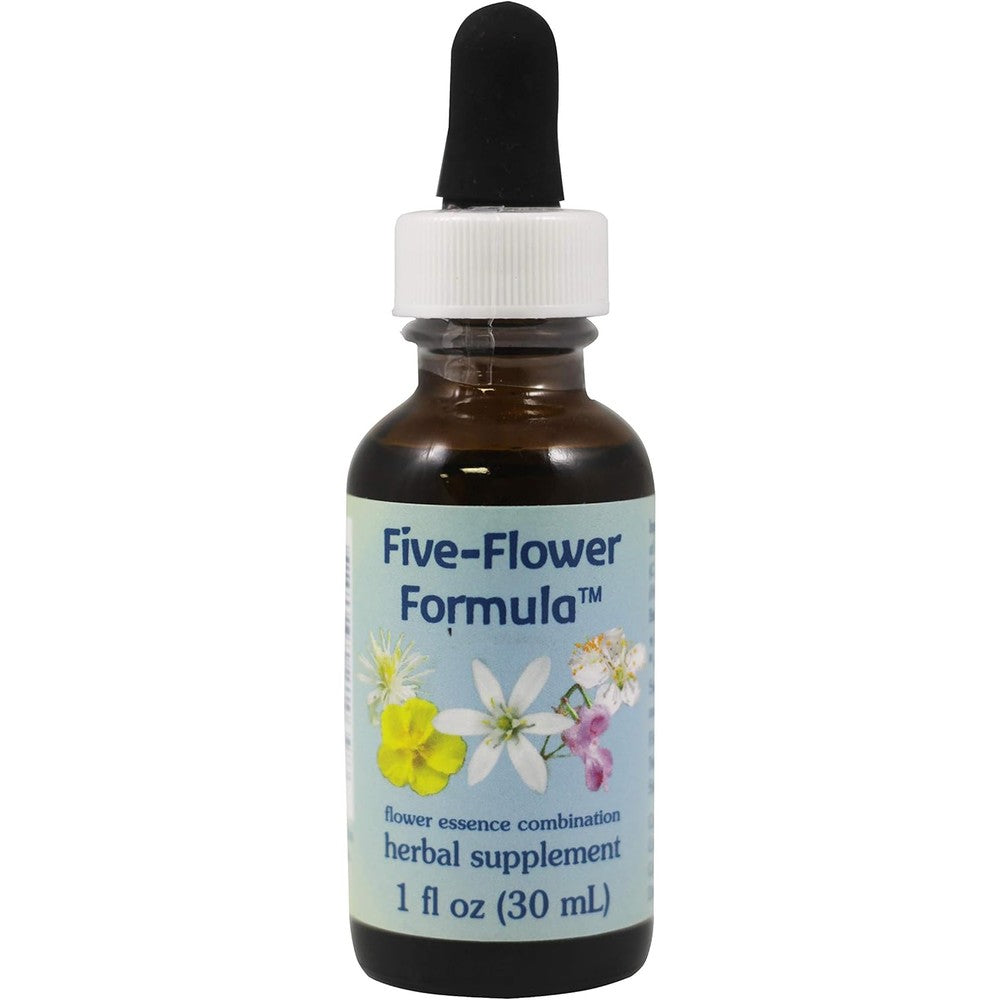 Flower Essence Services Five-Flower Formula dropper bottle front view for stress relief.
