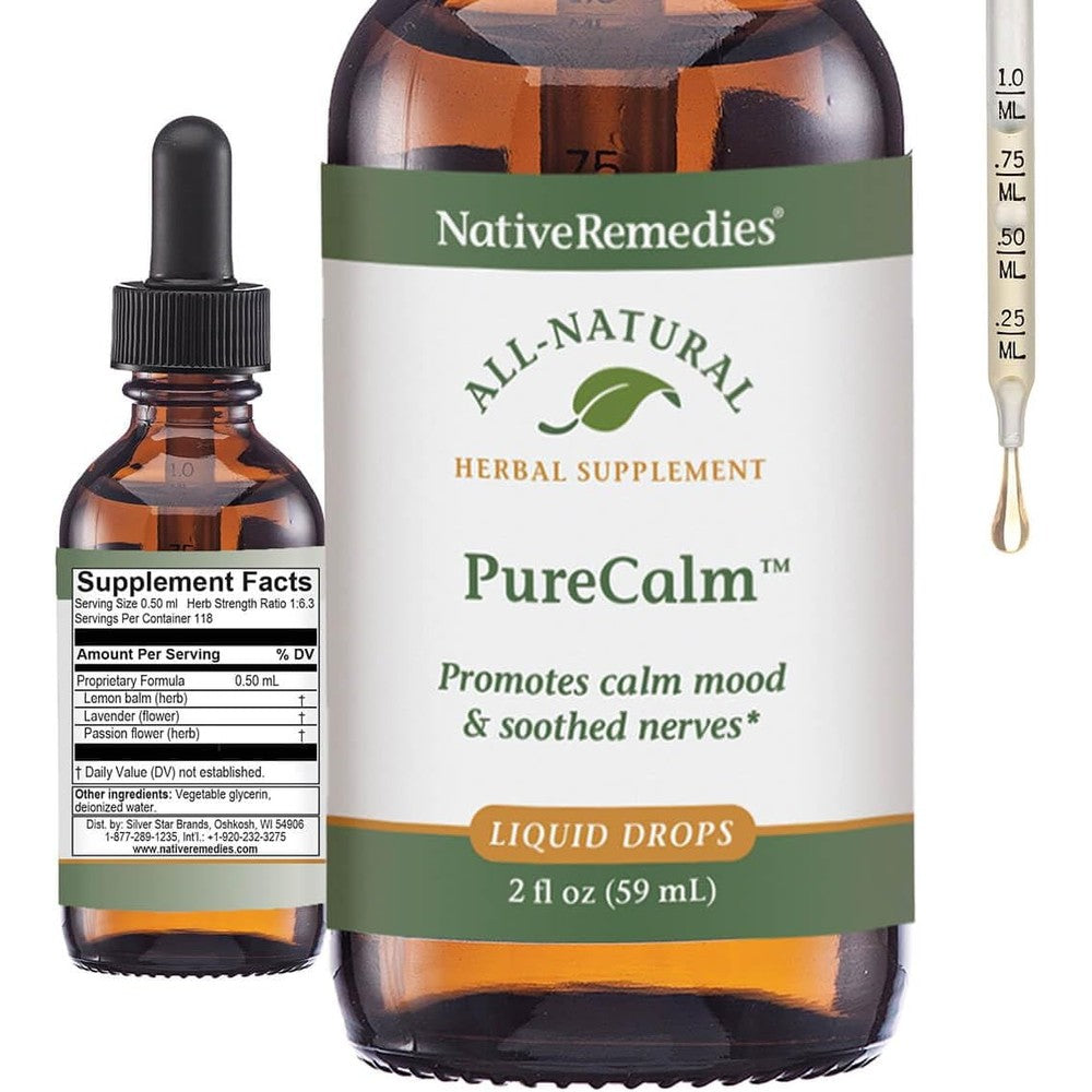 Native Remedies PureCalm 59mL front bottle view for natural stress relief.