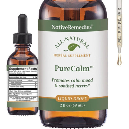 Native Remedies PureCalm 59mL front bottle view for natural stress relief.