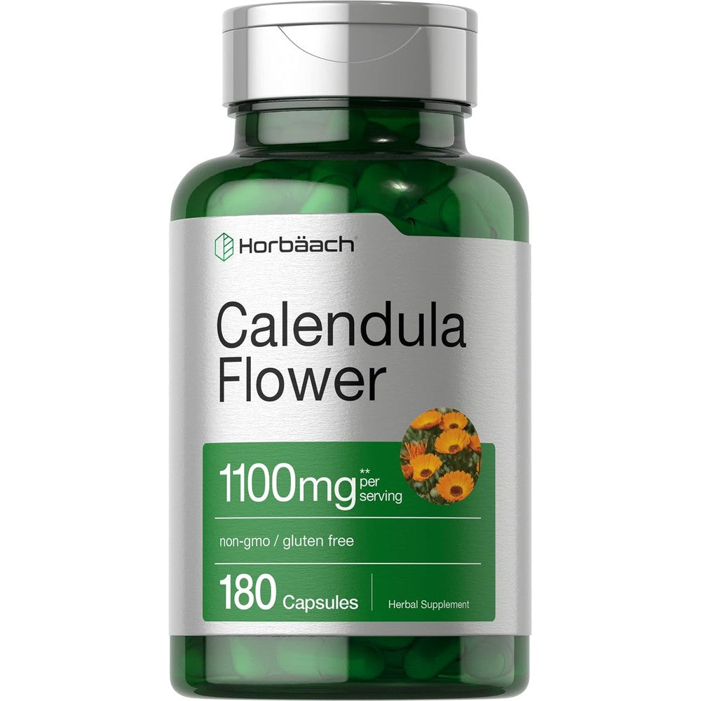 Horbäach Calendula Flower 1100mg 180 capsules bottle of marigold extract supplement