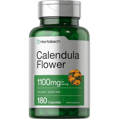 Horbäach Calendula Flower 1100mg 180 capsules bottle of marigold extract supplement
