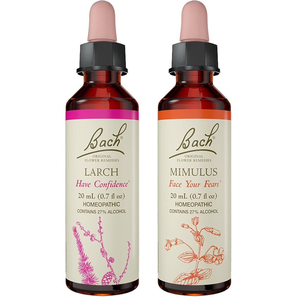 Bach Flower Remedies Have Confidence pack front view showing Mimulus and Larch dropper bottles