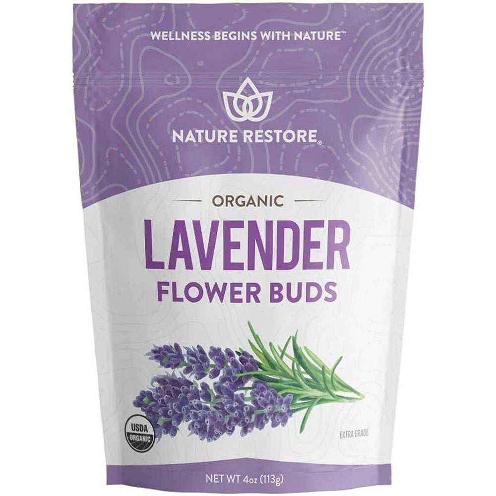 Nature Restore Organic Dried Lavender Flowers 4 Ounce pouch front view for aromatherapy.