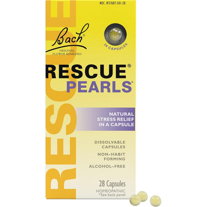 Bach Rescue Pearls 28 Count front packaging for natural stress relief.