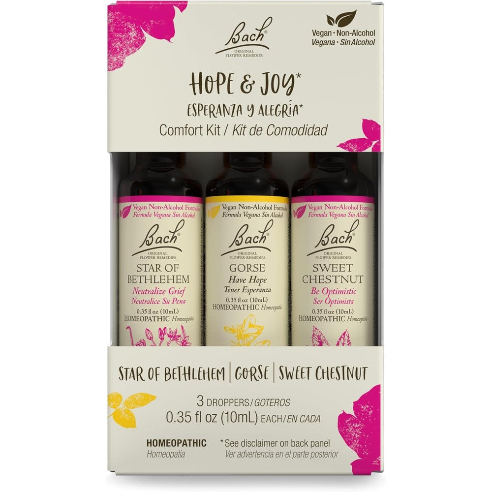 Nelson Bach Hope and Joy Trio Kit front view showing three 10 milliliter droppers for emotional wellness.