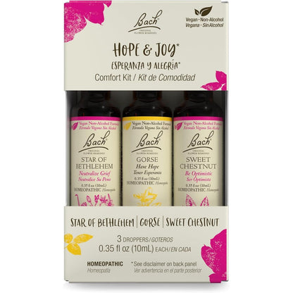 Nelson Bach Hope and Joy Trio Kit front view showing three 10 milliliter droppers for emotional wellness.