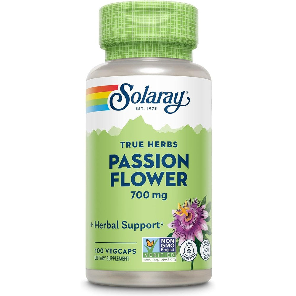 Solaray Passion Flower 700 mg 100 VegCaps front bottle view for herbal relaxation
