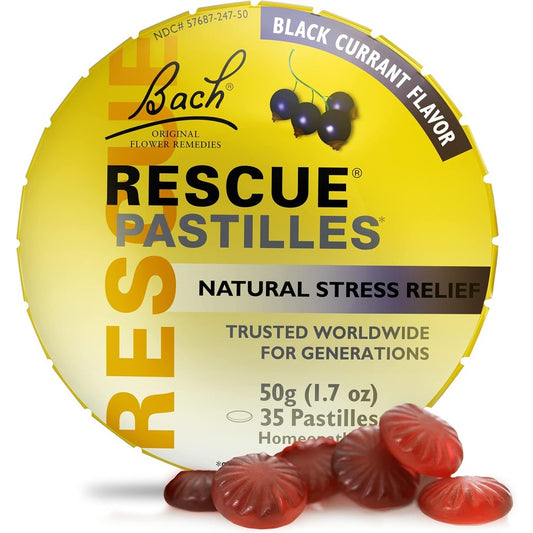 Bach RESCUE Pastilles Black Currant tin front view for stress relief