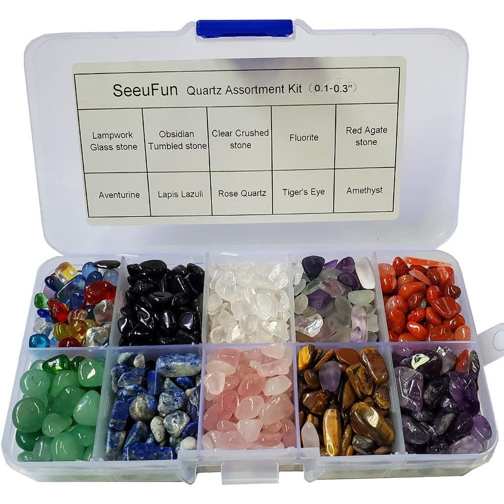 SeeuFun Assorted Mini Crystal Stone Tumbled Chips front view in storage container.