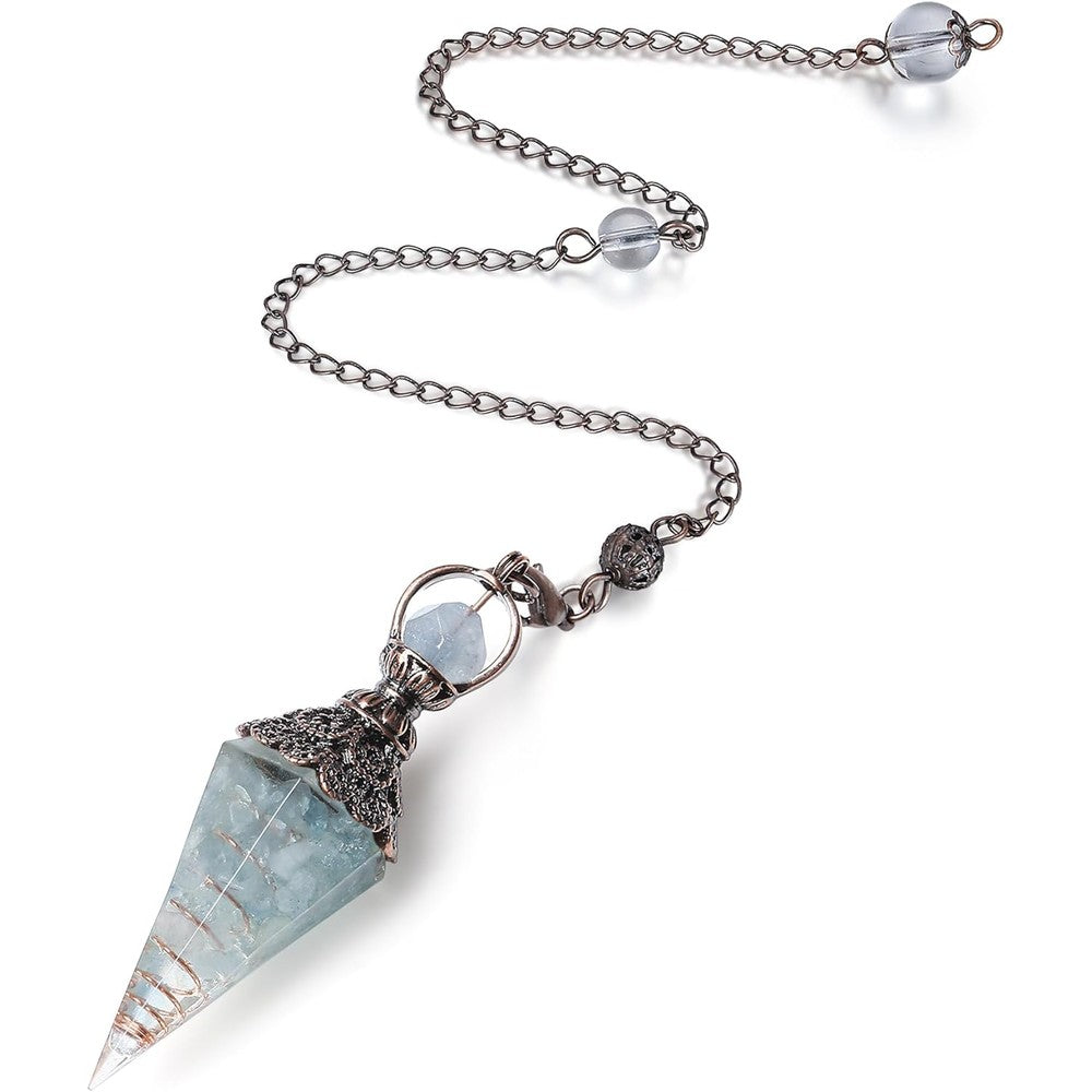 Justinstones MAIBAOTA natural aquamarine crystal pendulum front view displaying faceted pointed cone design for dowsing.
