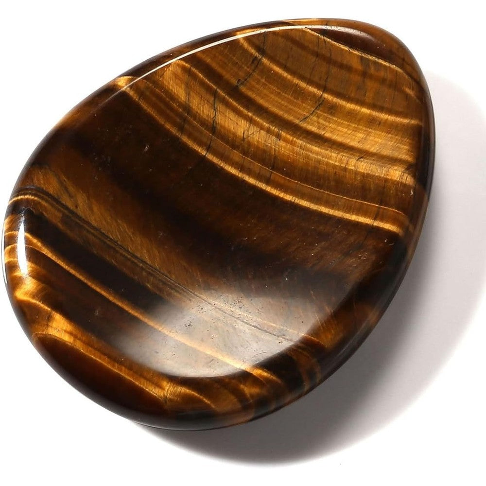CrystalTears Tiger's Eye Thumb Worry Stone front view showing golden chatoyancy.