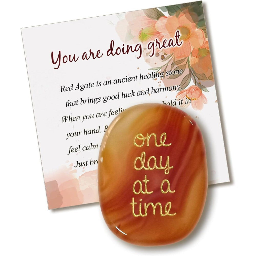 SOLICIEL One Day at a Time Agate Healing Crystal front view with inspirational engraving.