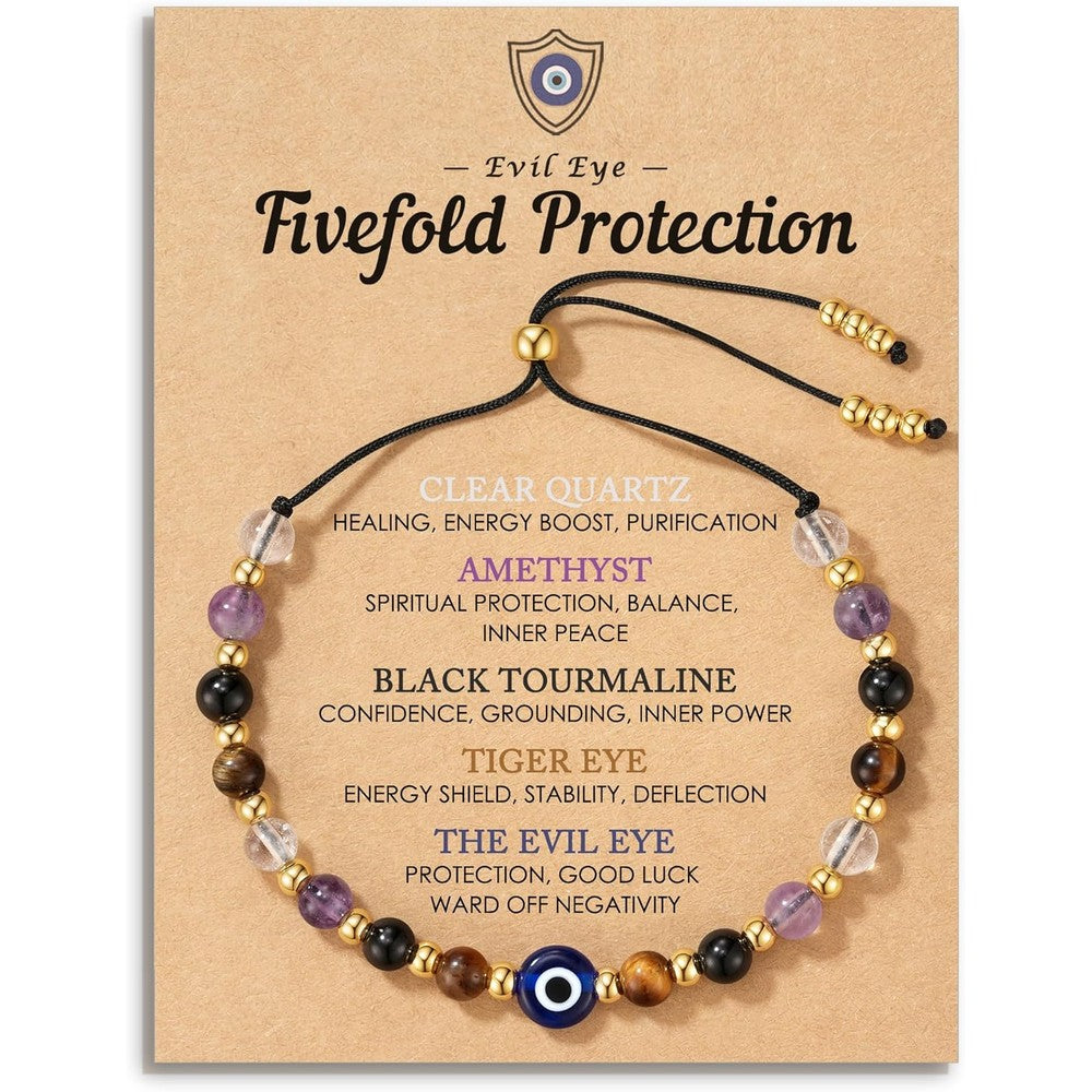HGDEER Evil Eye Dainty Bracelet front view showing healing crystal beads.