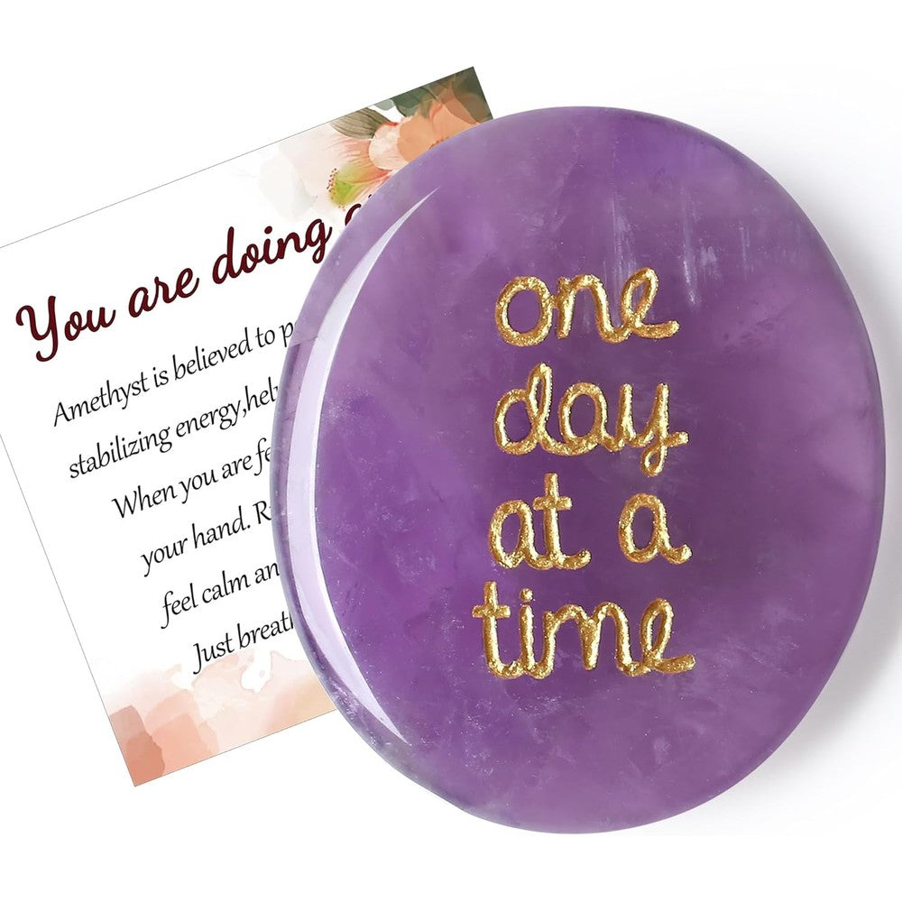QINJIEJIE Amethyst Worry Stone front view with One Day at a Time engraving
