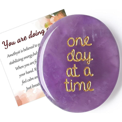 QINJIEJIE Amethyst Worry Stone front view with One Day at a Time engraving