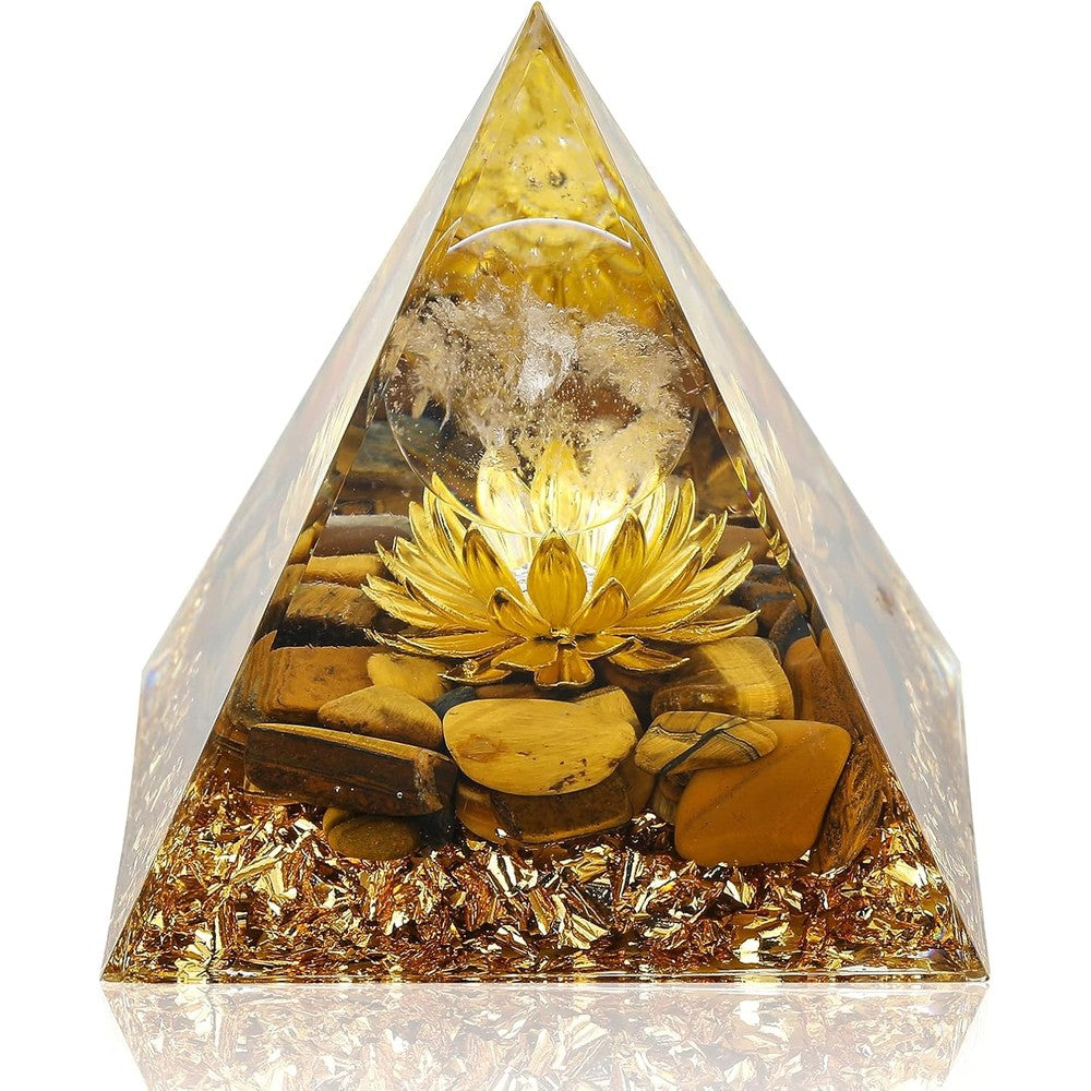 Hopeseed Orgone Pyramid front view with Tiger's Eye stones for wealth.