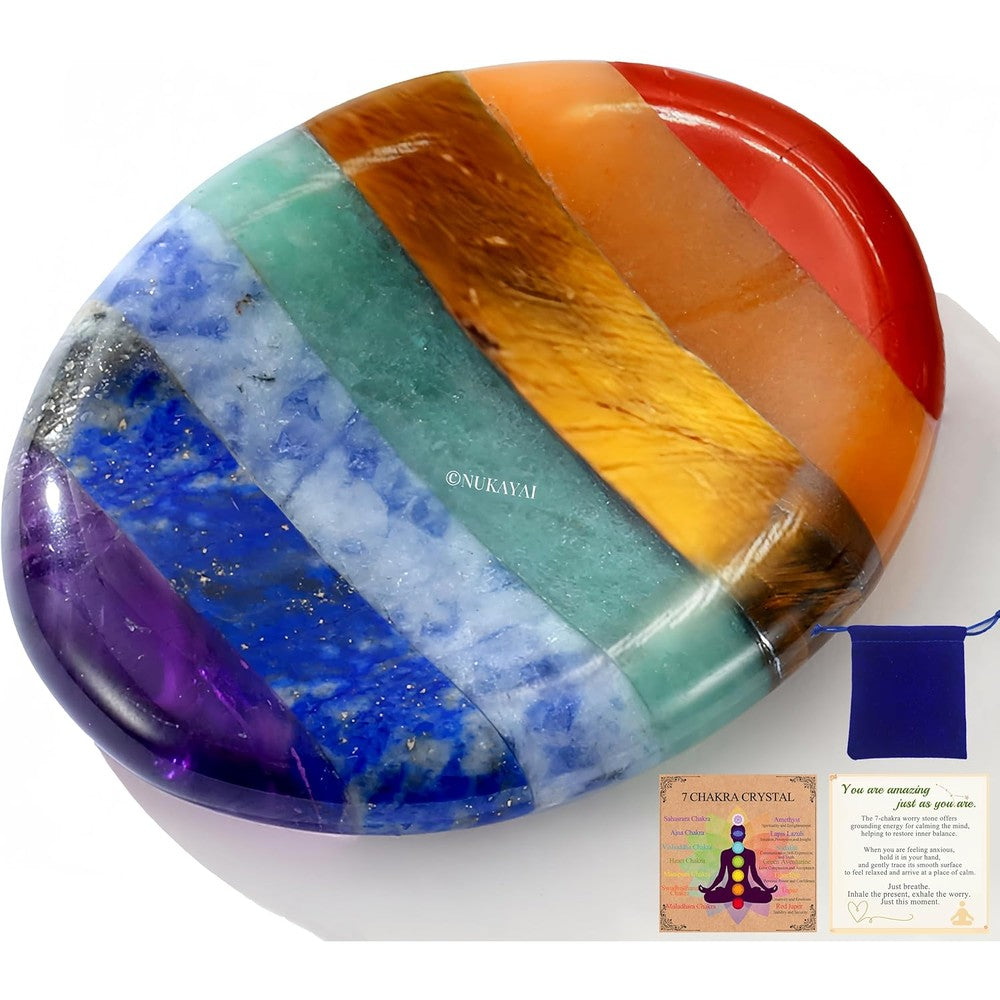 NUKAYAI 7 Chakra Worry Stone front view featuring colorful gemstone layers.
