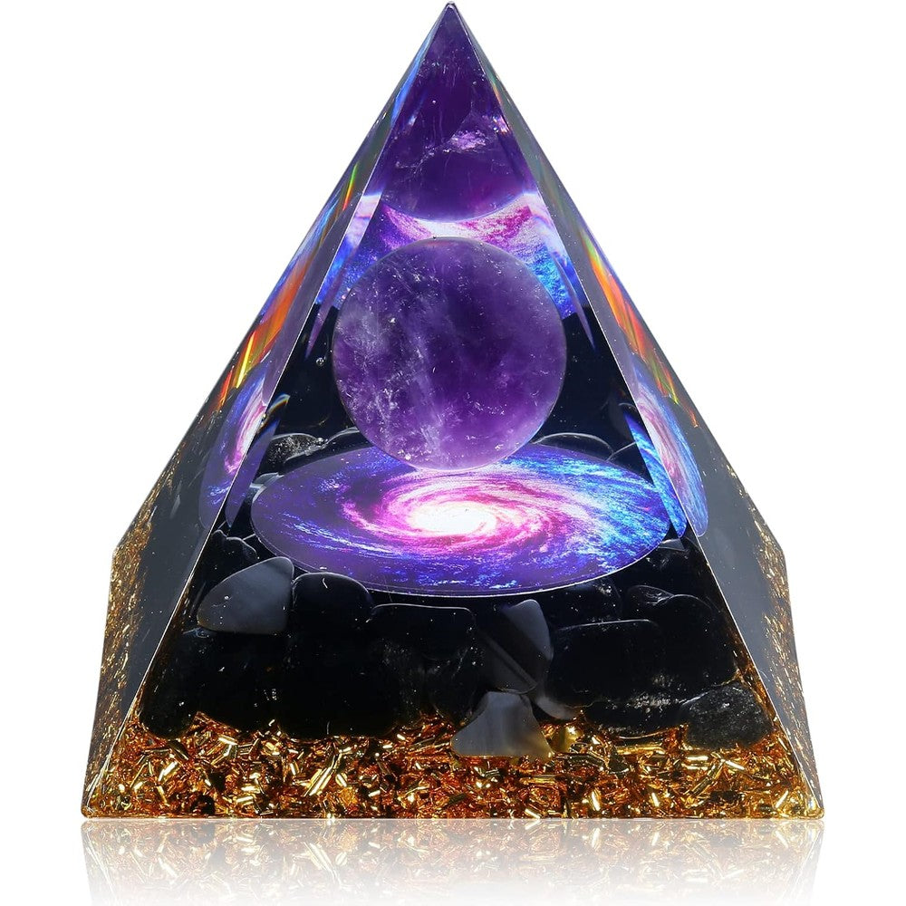 Hopeseed Orgone Pyramid front view featuring amethyst sphere and gold leaf.