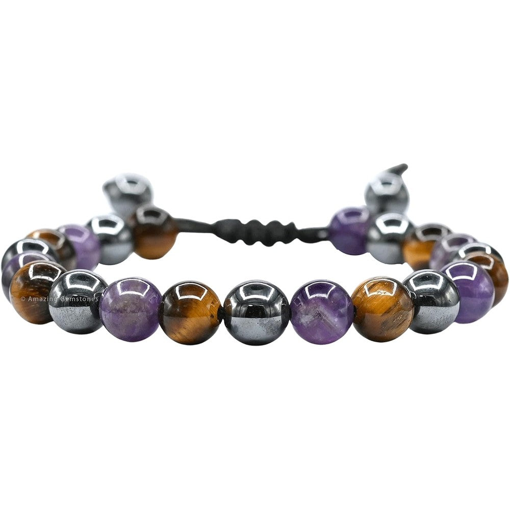 Amazing Gemstone Quit Smoking Bracelet front view featuring purple Amethyst and brown Tiger Eye beads.