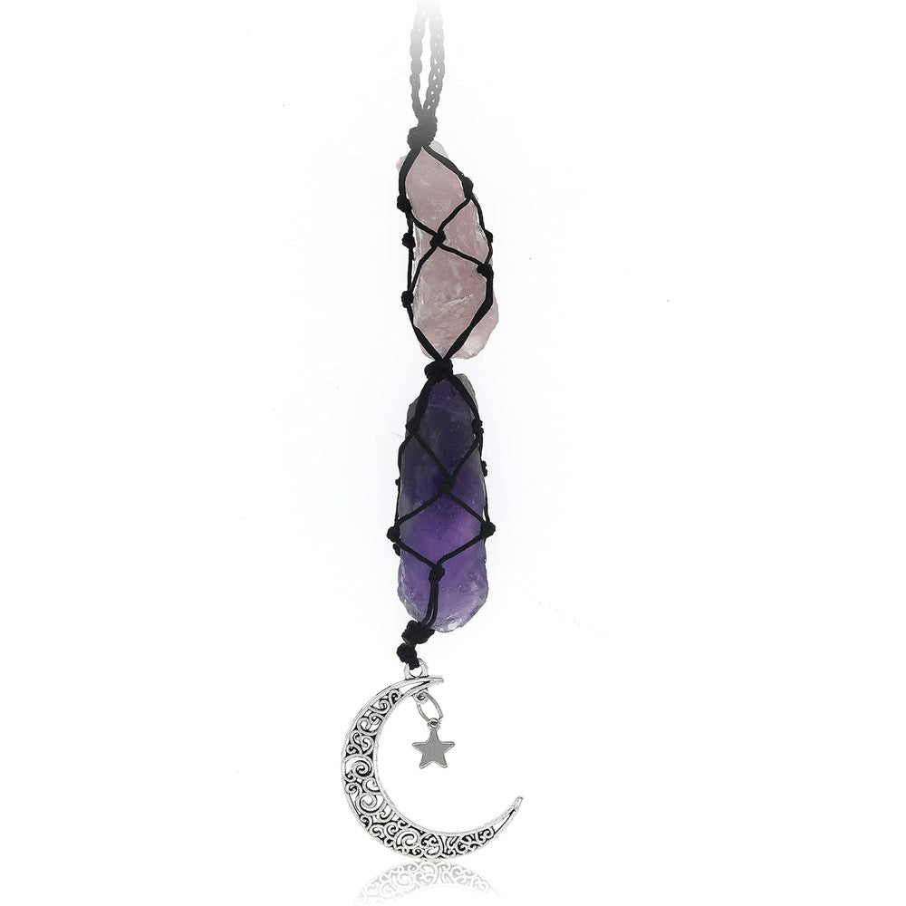 BOHO GARDEN Crystal Hanging Car Charm with purple amethyst and pink rose quartz stones for car interior.
