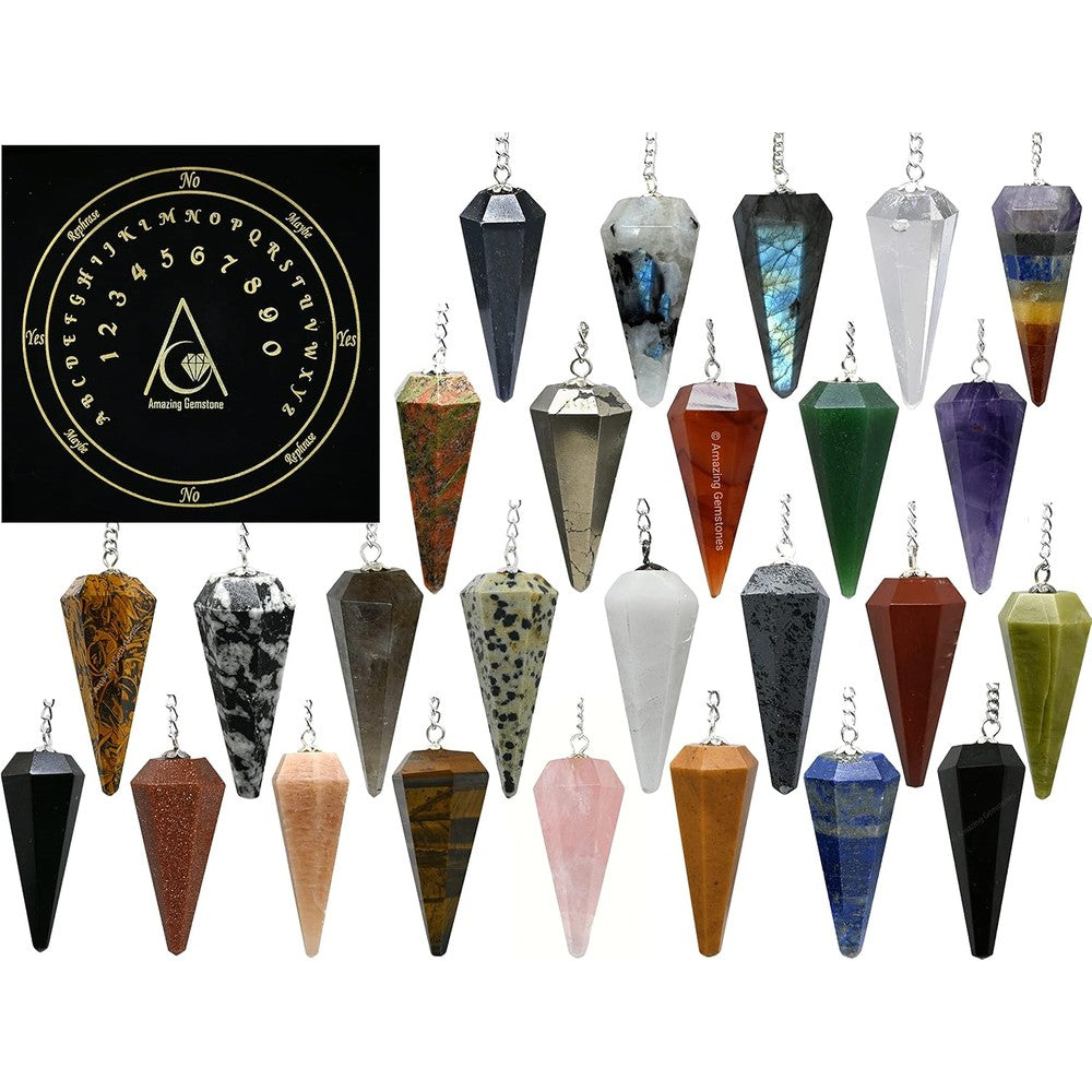 Amazing Gemstone Pack of 11 Crystal Pendulums front view with divination board.