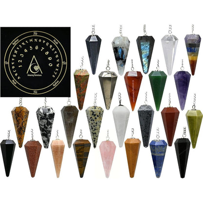 Amazing Gemstone Pack of 11 Crystal Pendulums front view with divination board.